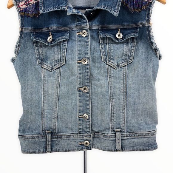 Stradivarius Denim Sleeveless Jacket Vest Embroidered Beaded Trim size Large - Picture 4 of 10